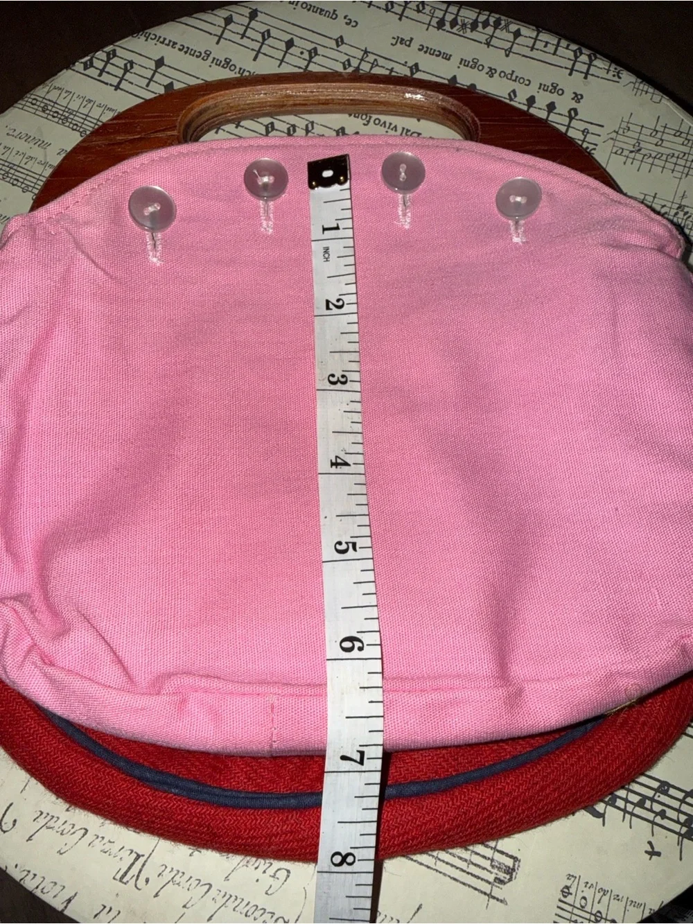 VTG Handmade Wooden Handle Pouch Bag Pink Canvas Red Wool Embroidered Whale